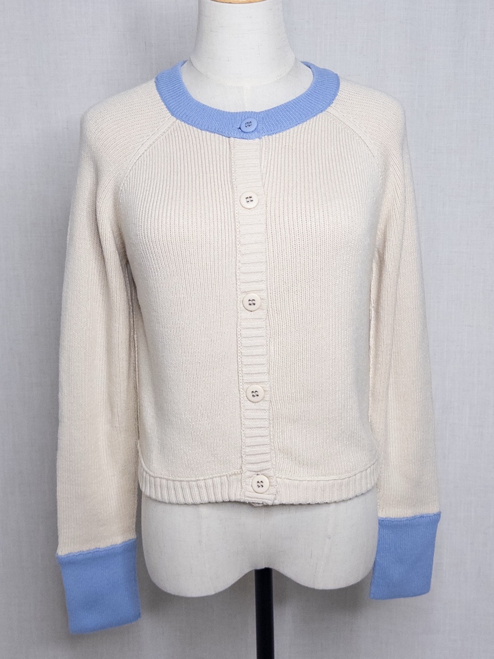 RD Style Anthropologie Contrast Collar Cardigan Sweater Cream Blue Size Small